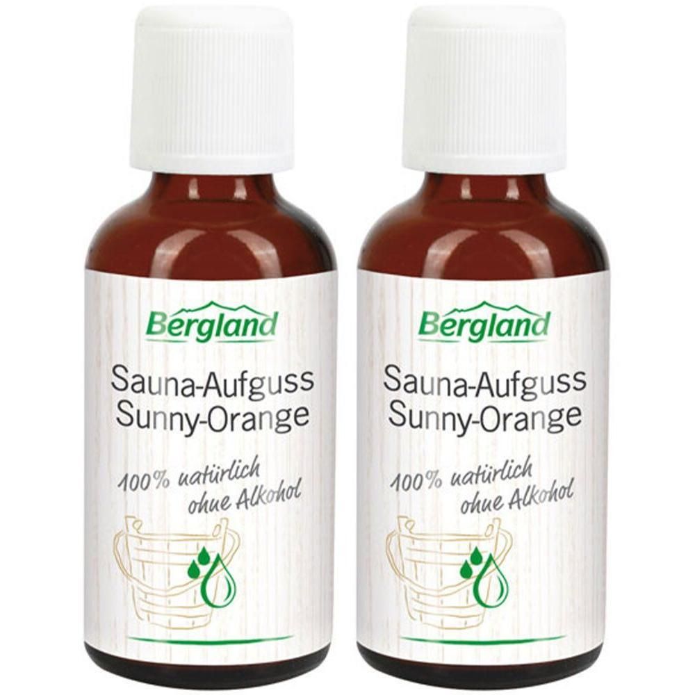 Zwei braune Flaschen mit weißem Deckel. Aufschrift: Bergland Sauna-Aufguss Sunny-Orange. 100% natürlich, ohne Alkohol.