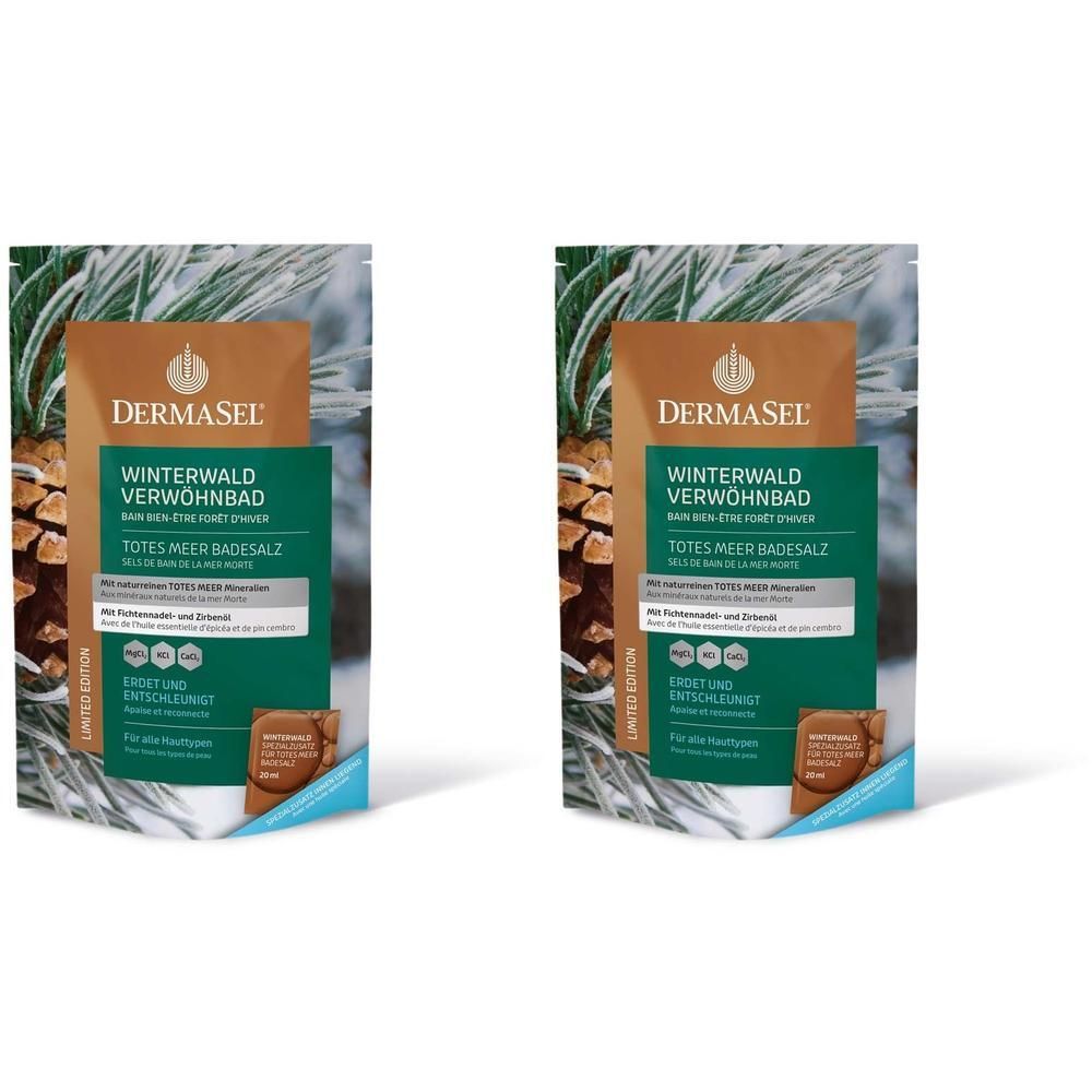 Zwei Packungen DERMASEL Winterwald Verwöhnbad. Verpackung mit braunem Hintergrund, grünen Akzenten und Produktinformationen.