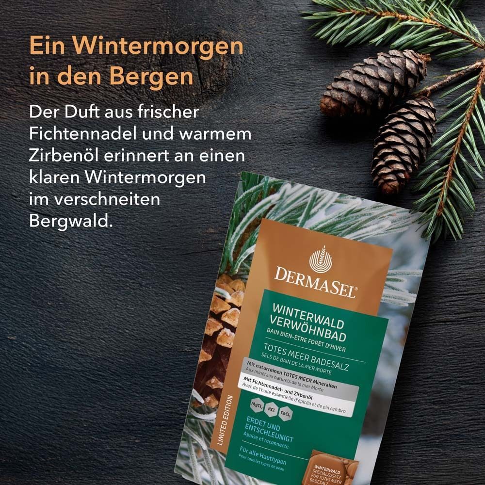 Produktverpackung mit Text: DERMASEL Winterwald Verwöhnbad. Totes Meer Badesalz. Mit Fichtennadel- und Zirbenöl. Limited Edition.