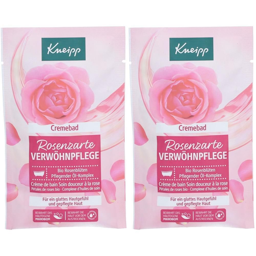 Zwei Beutel Cremebad. Rosa Verpackung mit Rose und Blütenblättern. Text: Kneipp, Cremebad, Rosenzarte Verwöhnpflege. Bio Rosenblüten.