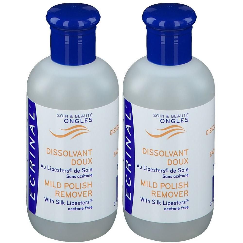 Zwei Flaschen Nagellackentferner. Weiße Flaschen mit blauem Deckel. Aufschrift: ECRINAL, Mild Polish Remover, ohne Aceton.