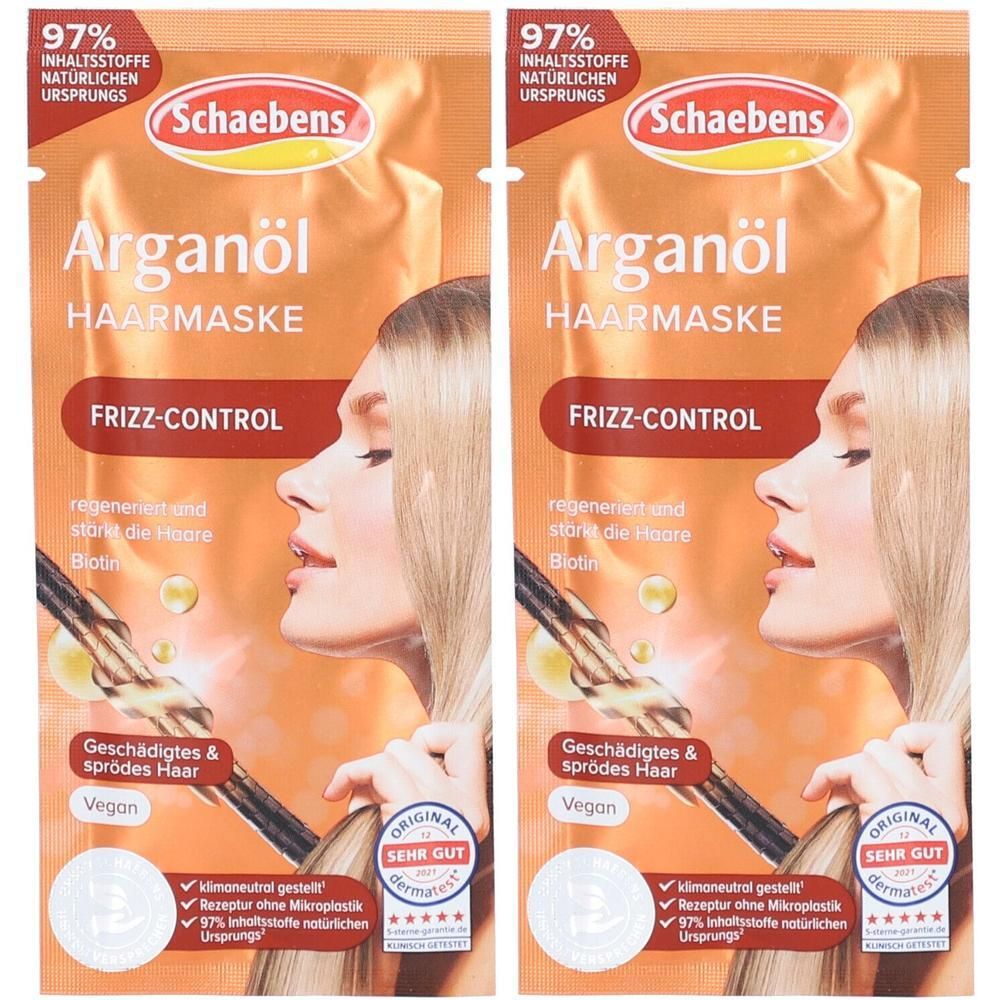 Zwei Beutel SCHAEBENS Arganöl Haarmaske. Aufdruck: Arganöl, Haarmaske, Frizz-Control. Zertifizierung: Original Sehr Gut.