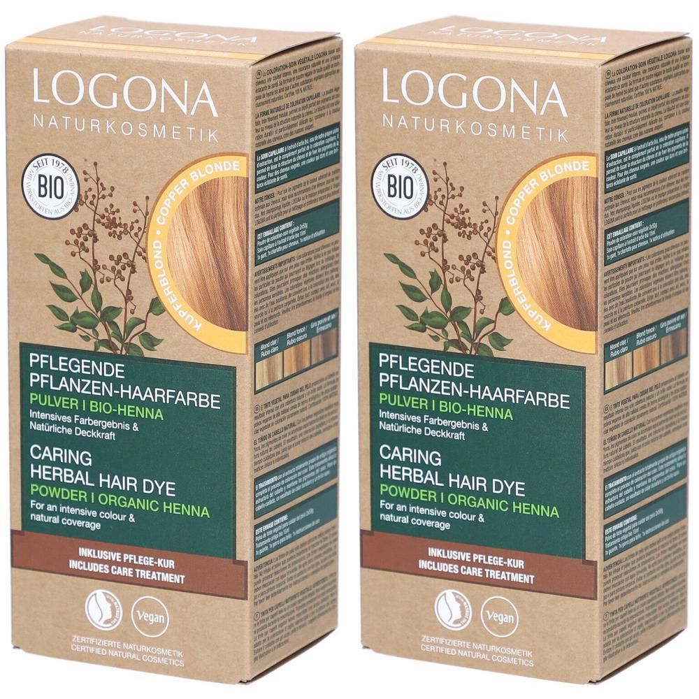 Zwei Kartons PHF Pulver Kupferblond. Aufschrift LOGONA Naturkosmetik, BIO-Siegel, Pflanzen-Haarfarbe, Kupferblond. Enthält Pflege-Kur. Vegan.