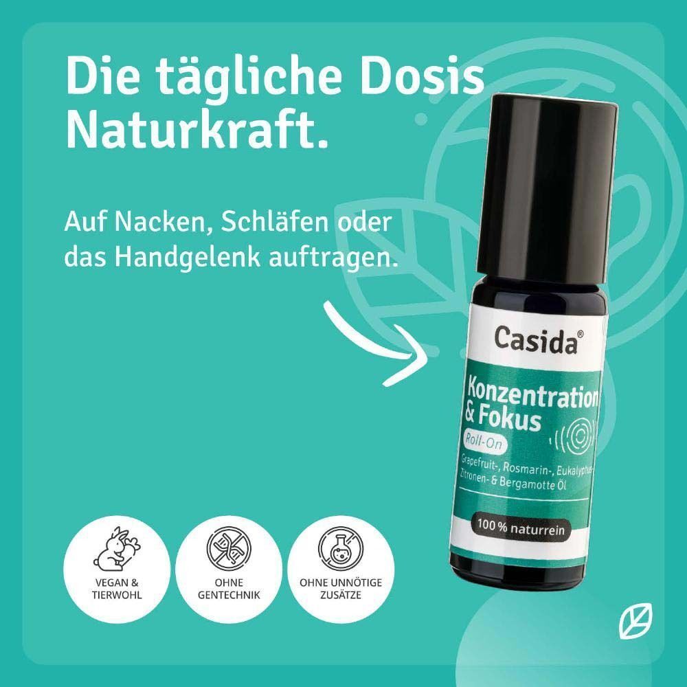 Roll-On-Flasche mit Text. Text: Casida Konzentration & Fokus Roll-On. Vegan & tierwohl, ohne Gentechnik, ohne unnötige Zusätze.