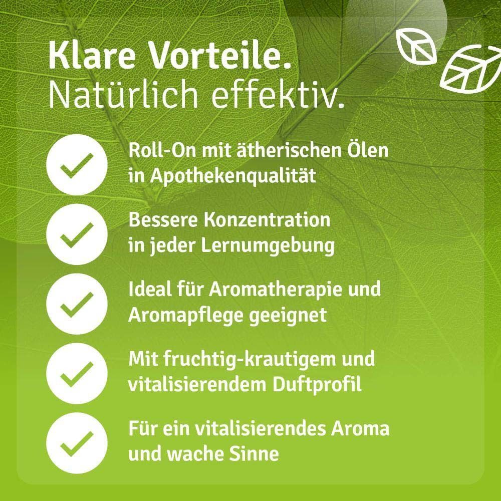 Text mit Vorteilen des Roll-On. Vorteile: Ätherische Öle, bessere Konzentration, Aromatherapie, fruchtig-krautiges Duftprofil.