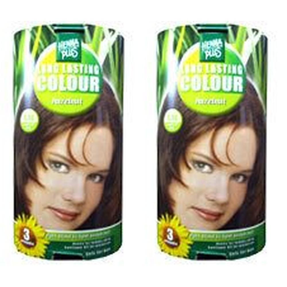 Zwei Packungen Haarfarbe. Auf jeder Packung ist das Logo von HENNAPLUS und der Schriftzug "Long Lasting Colour" zu sehen.