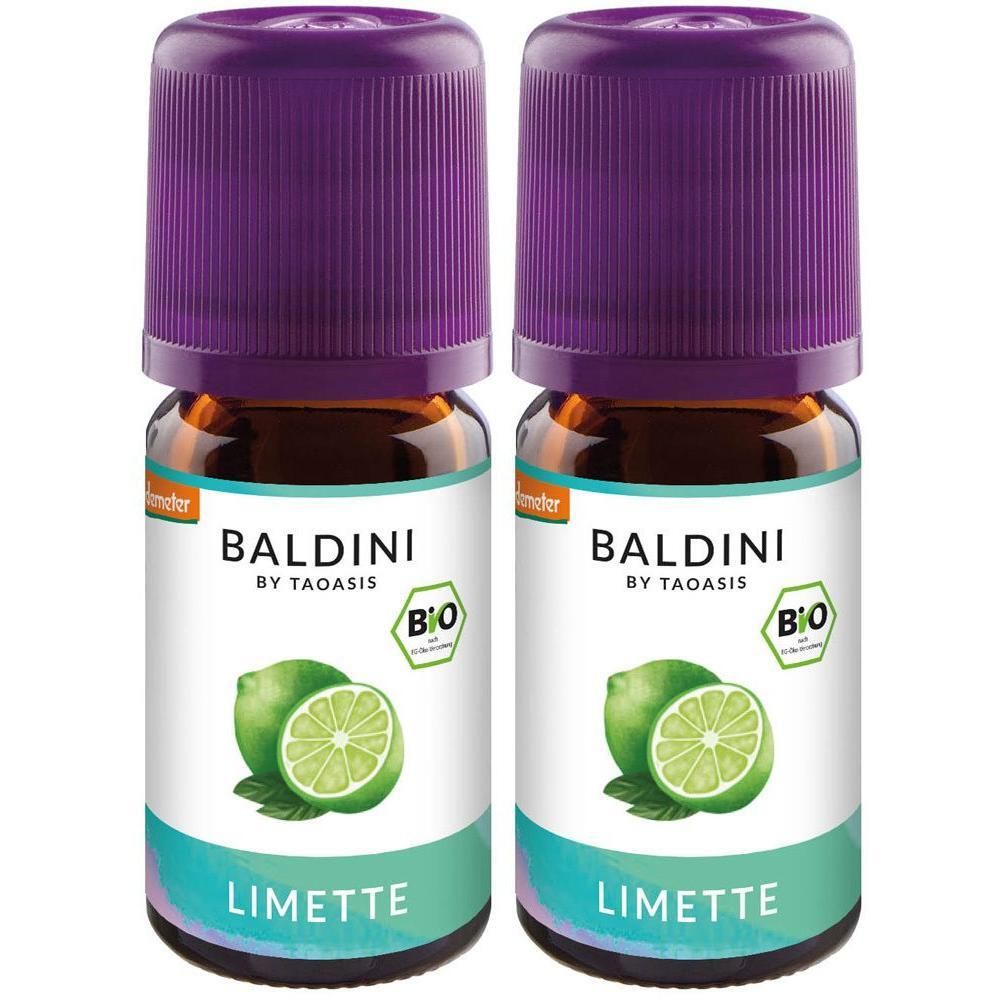 Zwei Flaschen mit lila Deckel. Aufschrift: BALDINI, Limette, Bio-Siegel. Abbildung von Limetten.