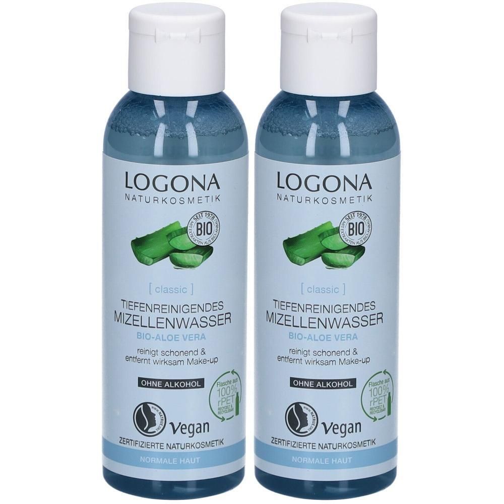 Zwei Flaschen mit blauem Inhalt und weißem Deckel. Aufschrift: LOGONA Naturkosmetik, Mizellenwasser Bio-Aloe Vera. Vegan-Siegel.