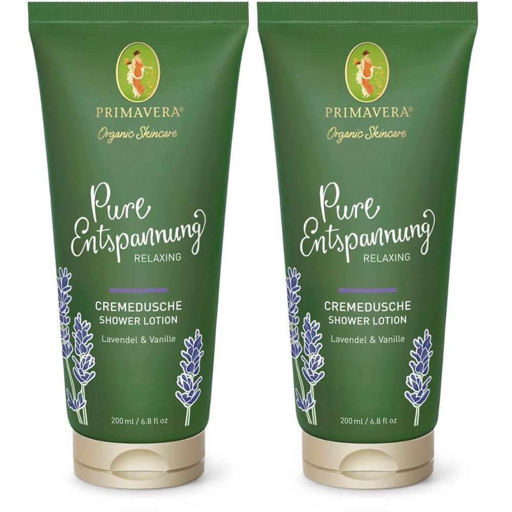 Zwei grüne Tuben mit "Pure Entspannung" und "PRIMAVERA" Aufschrift. Lavendel- und Vanille-Logo. Cremdusche.