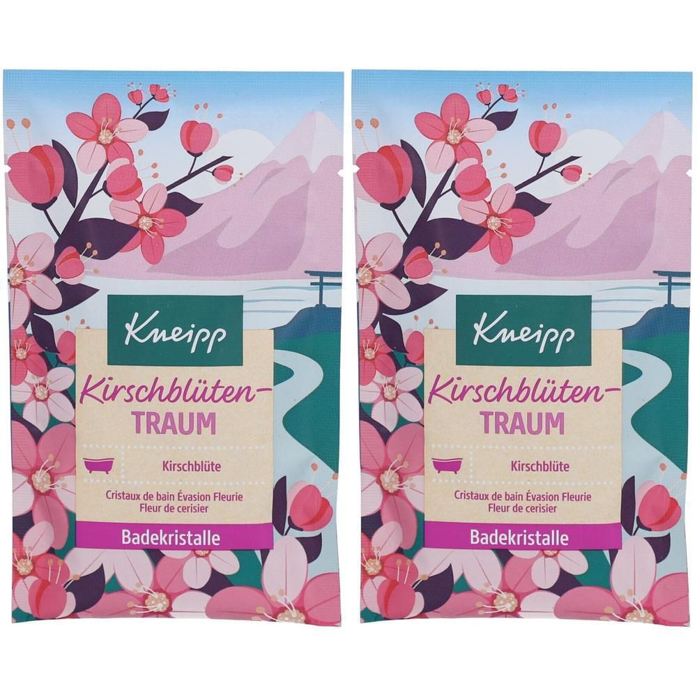 Zwei Beutel Kneipp Badekristalle Kirschblütentraum. Verpackung mit Kirschblüten-Illustration und Produktnamen. Text: Kirschblüte, Badekristalle.