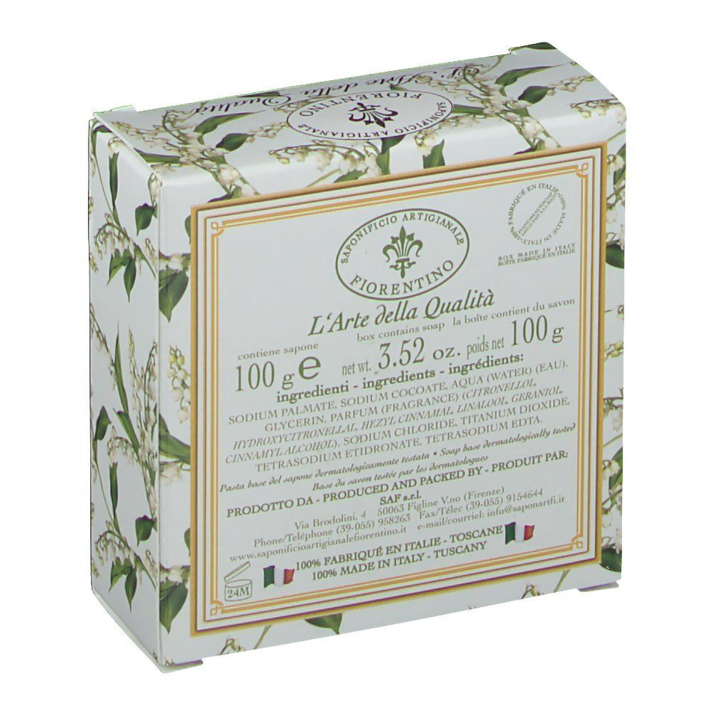 Verpackung mit floralem Muster und Produktinformationen. Aufschrift: Saponificio Artigianale Fiorentino, L'Arte della Qualità.