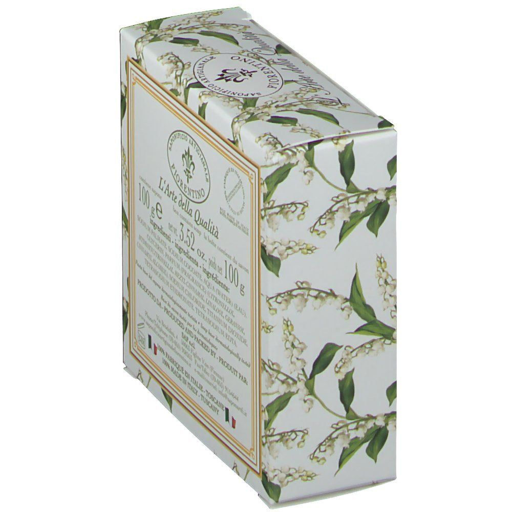 Schräg gestellte Verpackung mit floralem Muster und Produktinformationen. Aufschrift: Saponificio Artigianale Fiorentino, L'Arte della Qualità.