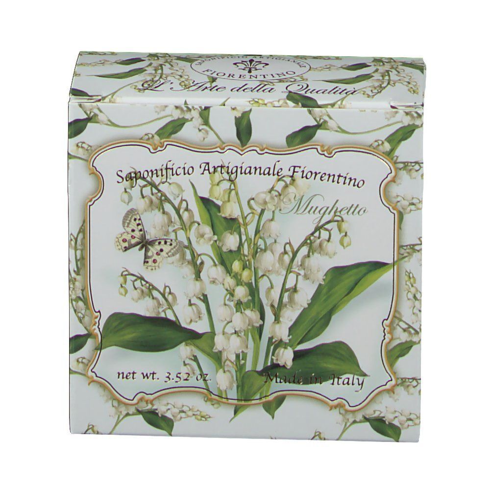 Quadratische Verpackung mit floralem Design und Produktinformationen. Aufschrift: Saponificio Artigianale Fiorentino Mughetto.