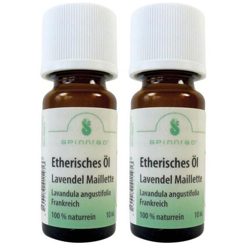 Zwei braune Glasflaschen mit weißem Deckel. Etikett mit Text: Etherisches Öl Lavendel Maillette, 100% naturrein. Marke: Spinnrad.