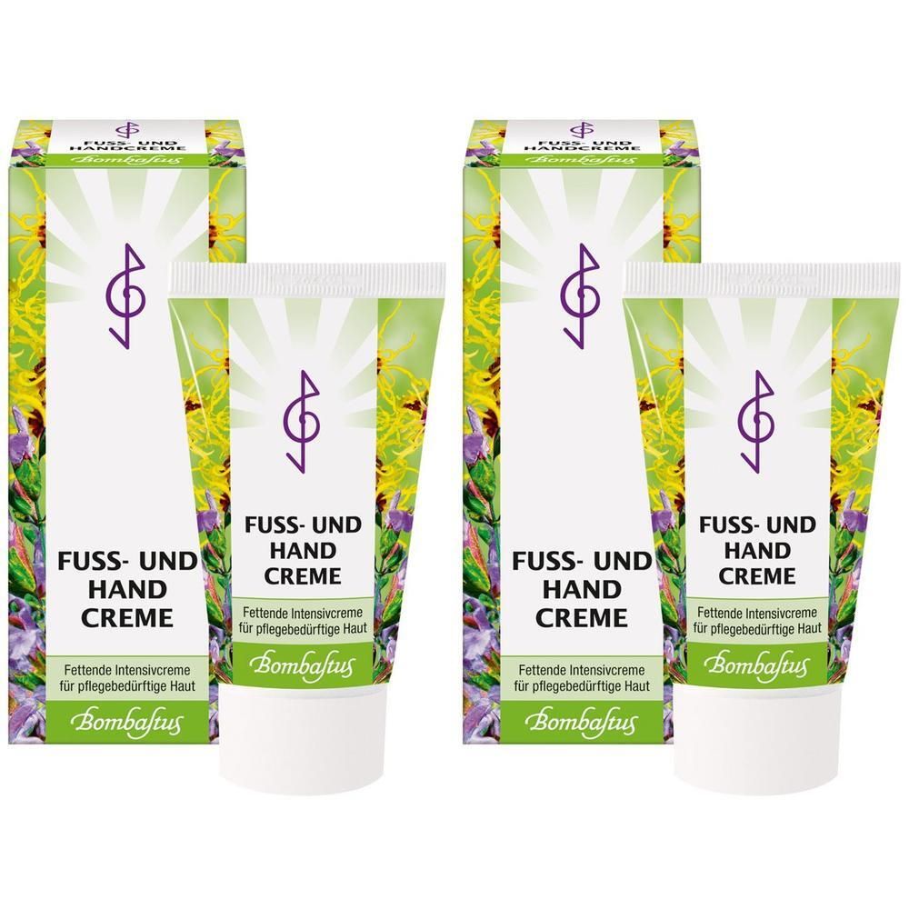 Zwei Tuben und zwei Schachteln Fuss- und Handcreme. Auf den Tuben und Schachteln steht "Fuss- und Hand Creme" und "Bombastus".