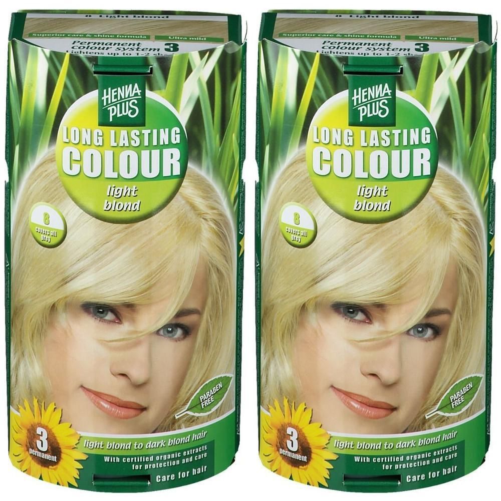 Zwei Packungen Haarfarbe. Auf der Verpackung steht "HENNA PLUS LONG LASTING COLOUR light blond". Abgebildet ist ein blondes Model. Mit Sonnenblume und grünen Elementen.