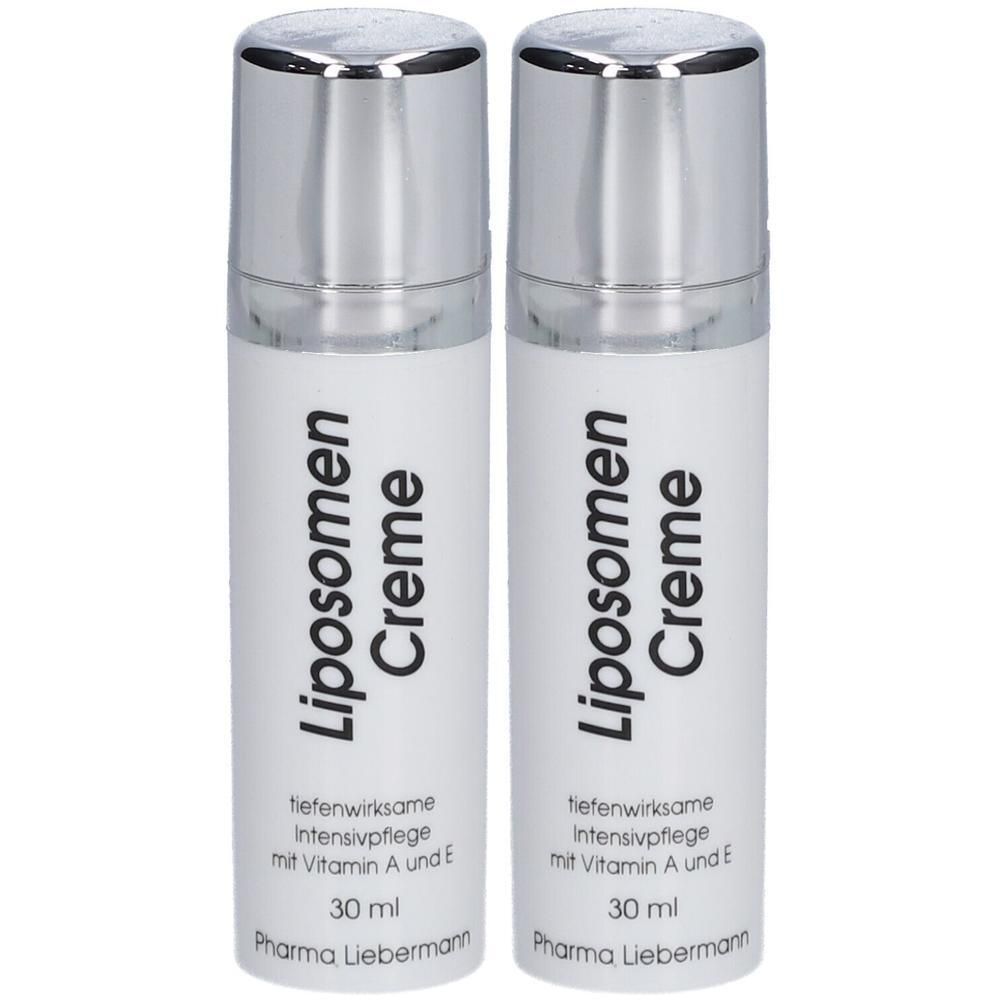Zwei weiße Cremetuben mit silbernen Verschlüssen. Aufschrift: Liposomen Creme, tiefenwirksame Intensivpflege mit Vitamin A und E, 30 ml, Pharma Liebermann.