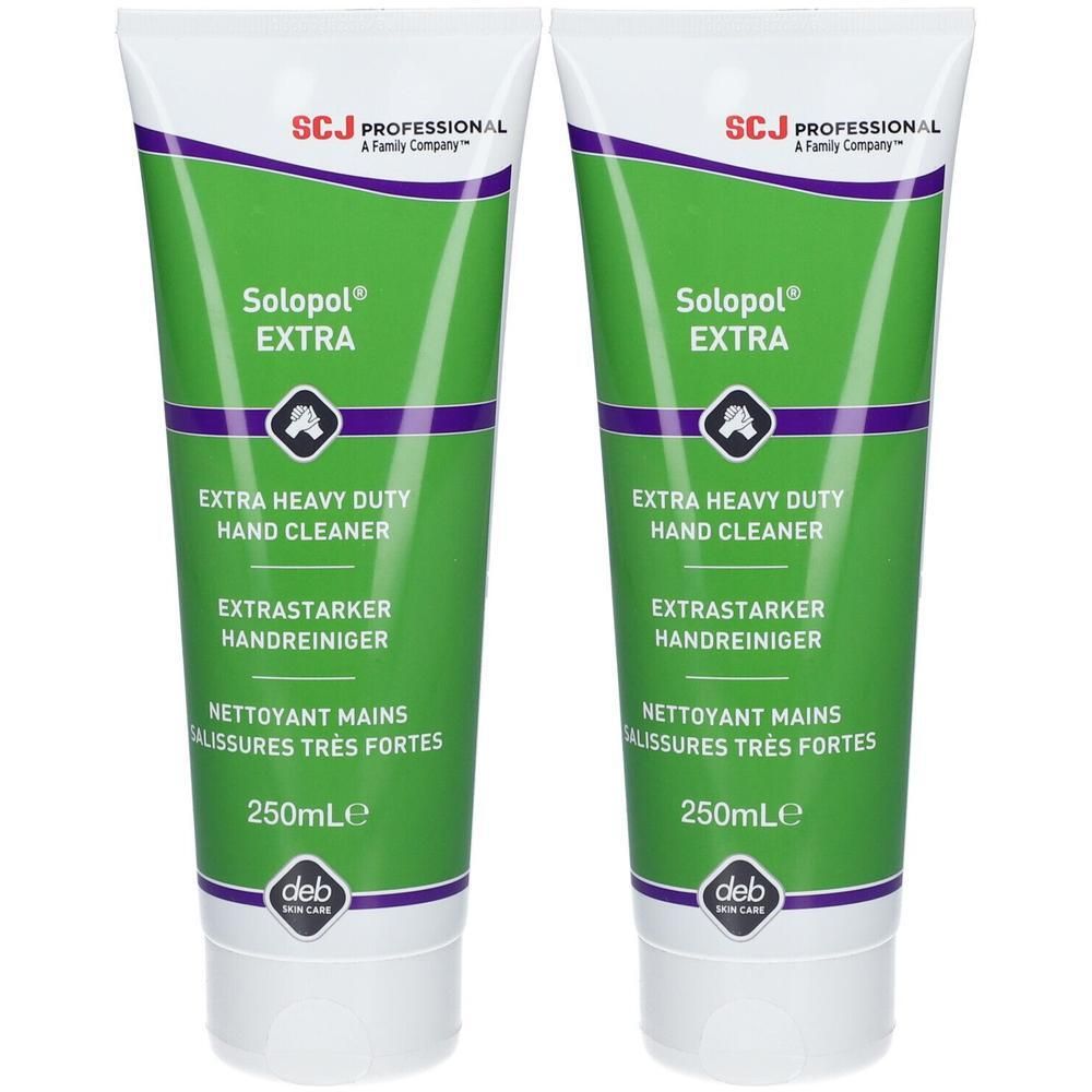 Zwei Tuben Solopol® EXTRA Handreiniger. Grün-weißes Design mit Produktnamen und Text. 250ml. Marke SCJ PROFESSIONAL.