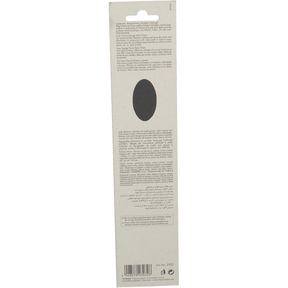 Rückseite der Verpackung. Schwarze ovale Form. Text in mehreren Sprachen.