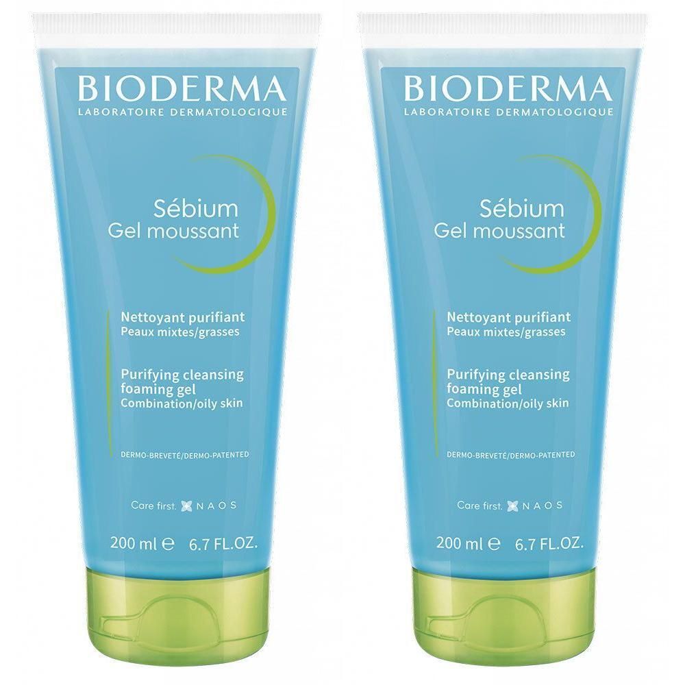 Zwei blaue Tuben mit grünem Verschluss. Aufschrift: BIODERMA, Sébium Gel moussant, 200 ml.