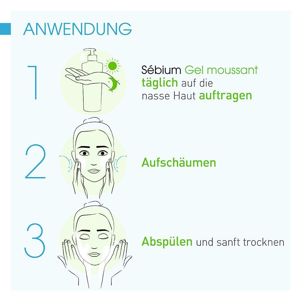 Anwendungsschritte: 1. Gel auf nasse Haut auftragen. 2. Aufschäumen. 3. Abspülen und trocknen.