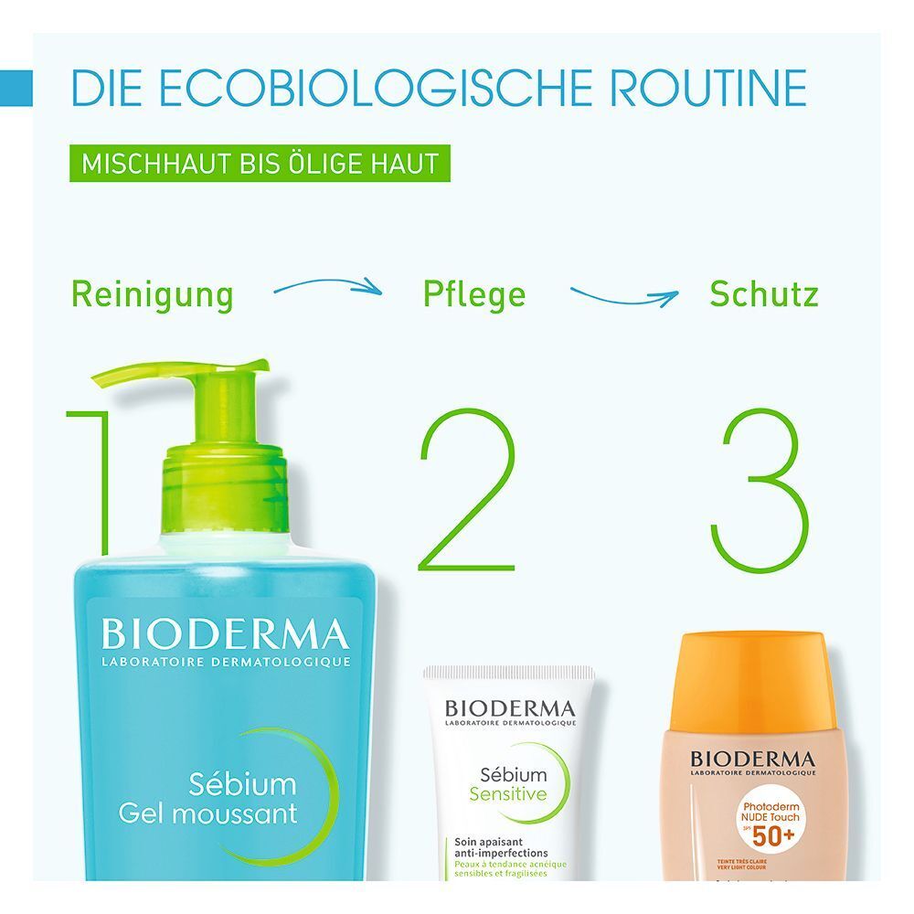 Die ecobiologische Routine: Reinigung, Pflege, Schutz. Produkte: Sébium Gel moussant, Pflege, Sonnenschutz.
