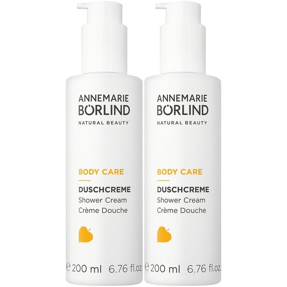 Zwei weiße Pumpflaschen Annemarie Börlind Duschcreme, je 200 ml.