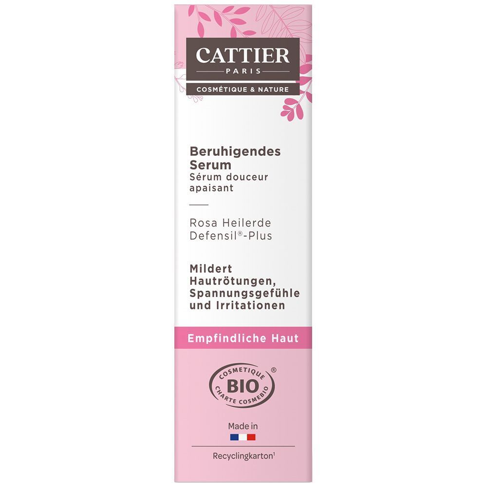 Flasche Serum mit rosa Verpackung. Aufschrift: CATTIER, Beruhigendes Serum, Rosa Heilerde, Defensil®-Plus. Bio-Zertifizierung. Recyclingkarton.
