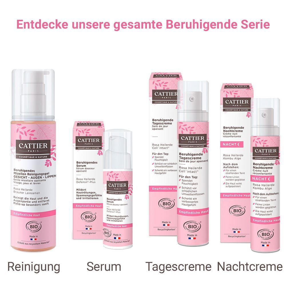 Verschiedene Produkte der Beruhigende Serie. Serumflasche mit Verpackung. Aufschrift: CATTIER, Beruhigendes Serum, Rosa Heilerde, Defensil®-Plus. Bio-Zertifizierung.