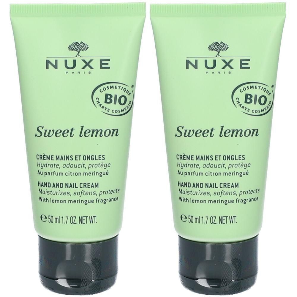 Zwei grüne Handcreme-Tuben. Aufschrift: NUXE, Sweet lemon, Hand & Nail Cream. Bio-Zertifizierung. 50 ml.