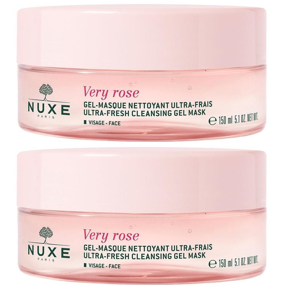Zwei rosa Tiegel mit Deckel. Aufschrift: Very Rose, Gel-Masque Nettoyant Ultra-Frais, Ultra-Fresh Cleansing Gel Mask. Marke: NUXE.