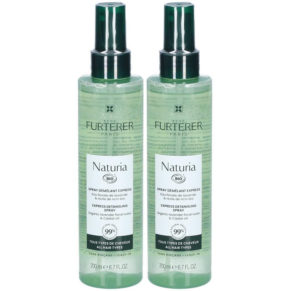 Zwei Flaschen FURTERER Naturia Express-Entwirrungsspray. Grüne Sprühköpfe, transparente Flaschen mit Etiketten. Aufschrift: Naturia, Express Detangling Spray.