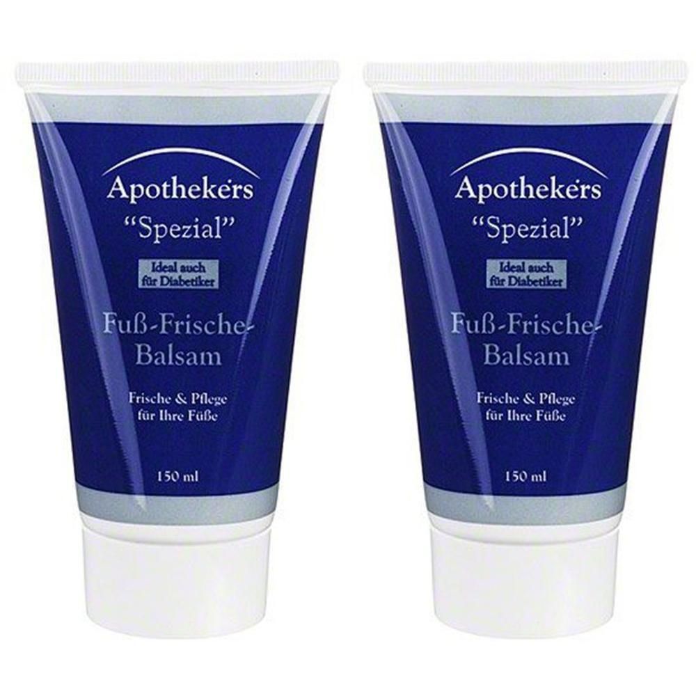 Zwei Tuben Fuß-Frische-Balsam. Blaue Tuben mit weißem Deckel. Aufschrift: Apothekers „Spezial“, ideal für Diabetiker. 150 ml.