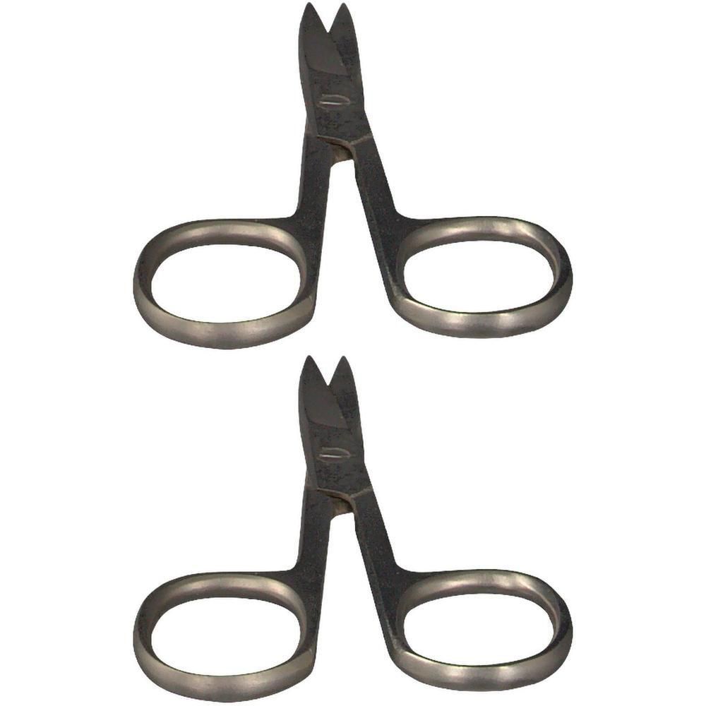 Zwei gebogene Nagelscheren. Metallfarben, mit abgerundeten Griffen und gebogener Schneide. Keine Marke sichtbar.