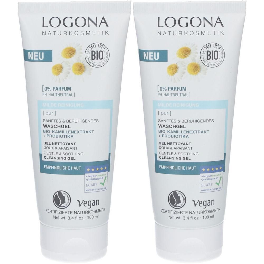 Zwei Tuben Waschgel. Weiß, mit Logo und Produktbezeichnungen. Enthält Bio-Kamillenextrakt und Probiotika. Vegan zertifiziert.