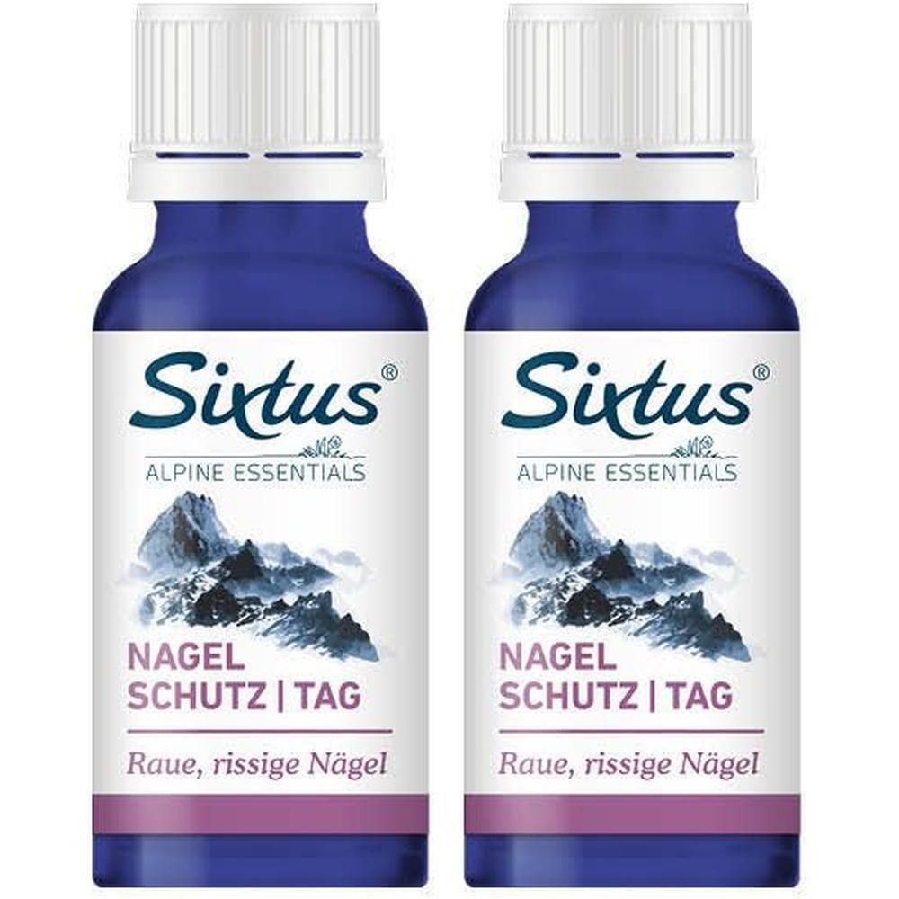 Zwei blaue Flaschen mit weißem Deckel. Aufschrift: Sixtus, Nagel Schutz Tag. Text: Raue, rissige Nägel.