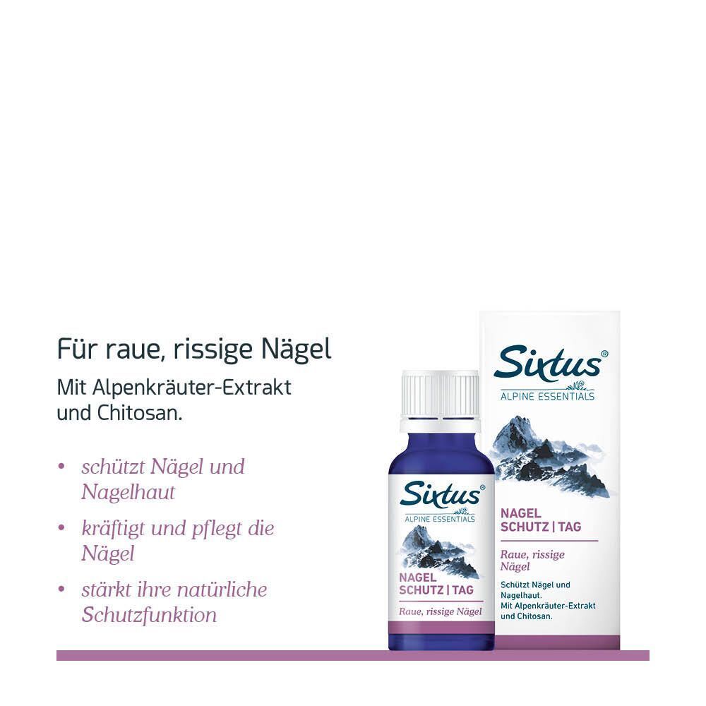 Blaue Flasche und Tube. Aufschrift: Sixtus, Nagel Schutz Tag. Text: Für raue, rissige Nägel. Schützt Nägel und Nagelhaut.