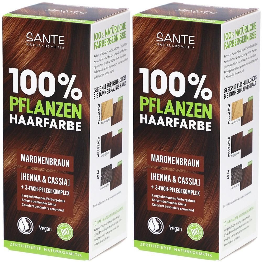 Zwei Kartons Pflanzenhaarfarbe. Aufschrift: 100% Pflanzenhaarfarbe, Maronenbraun. Marke: SANTE. Mit Vegan- und Bio-Siegel.