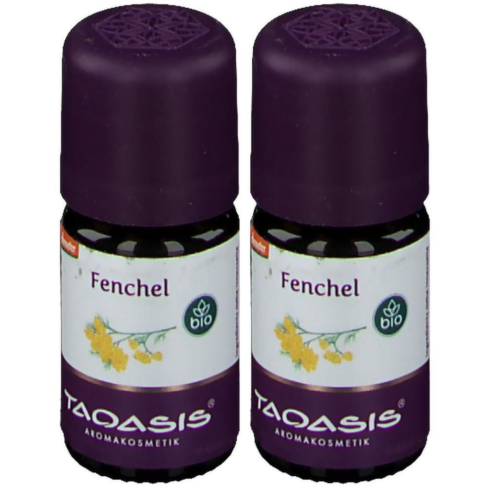 Zwei Flaschen mit dunkellila Deckel. Auf den Etiketten steht "Fenchel" und "TAOASIS Aromakosmetik". Bio-Siegel.