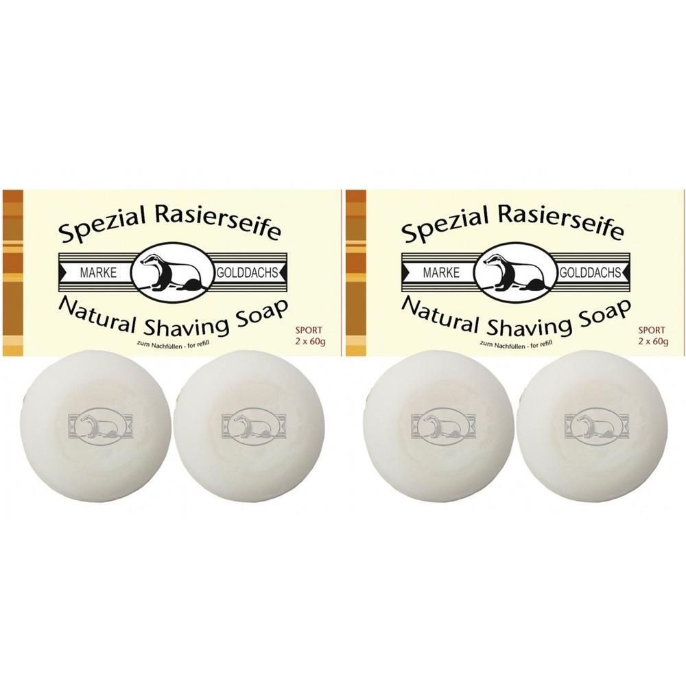 Zwei Packungen Rasierseife mit Schriftzug. Darunter vier runde Seifenstücke mit Logo. Aufschrift: GOLDDACHS Natural Shaving Soap.