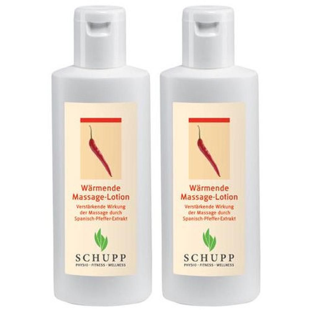 Zwei weiße Flaschen mit Massage-Lotion. Aufkleber mit rotem Chili-Pfeffer-Symbol und Text. Marke SCHUPP.