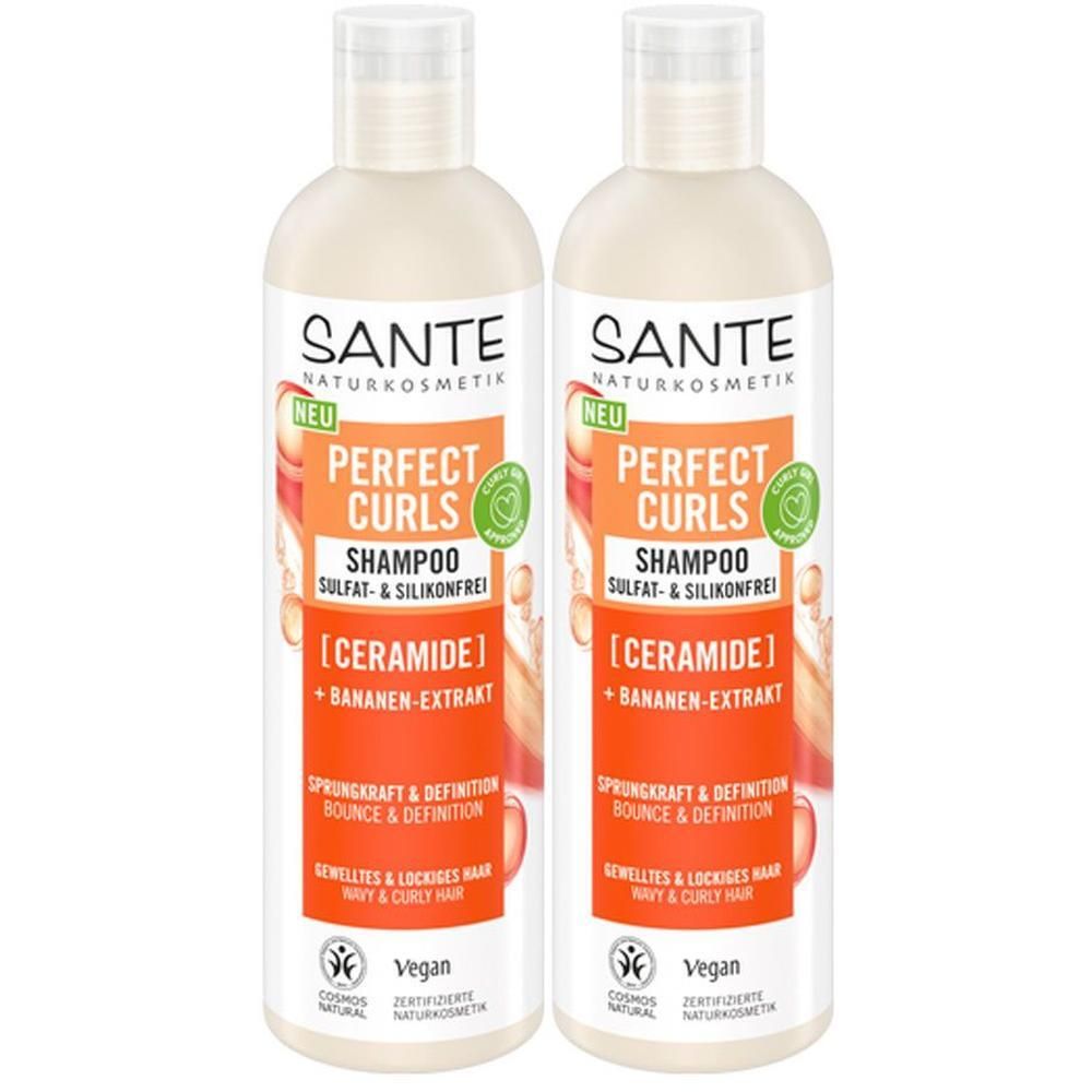 Zwei Flaschen SANTE Perfect Curls Shampoo. Aufschrift: Perfect Curls Shampoo, Ceramide + Bananen-Extrakt. Vegan-Siegel.