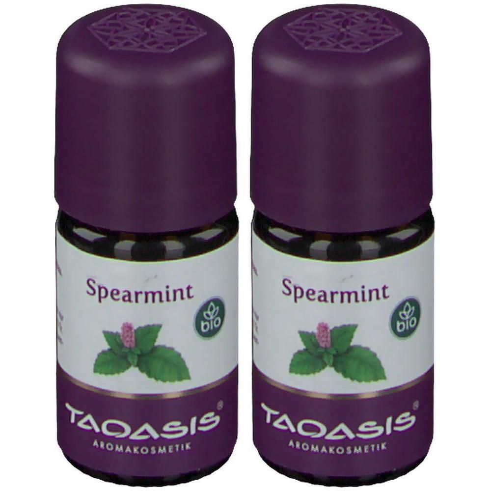 Zwei kleine Flaschen mit lila Deckeln. Aufschrift: Spearmint, Bio-Siegel, TAOASIS Aromakosmetik.