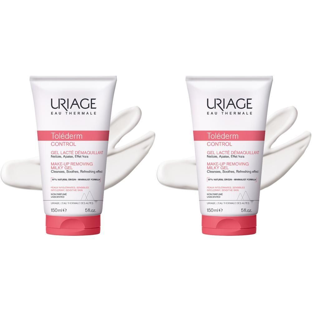 Zwei Tuben Uriage Tolederm Control Gel-Milch Make-up Entfern. Weiß-rosa Tuben mit Produktnamen und Inhaltsangaben.