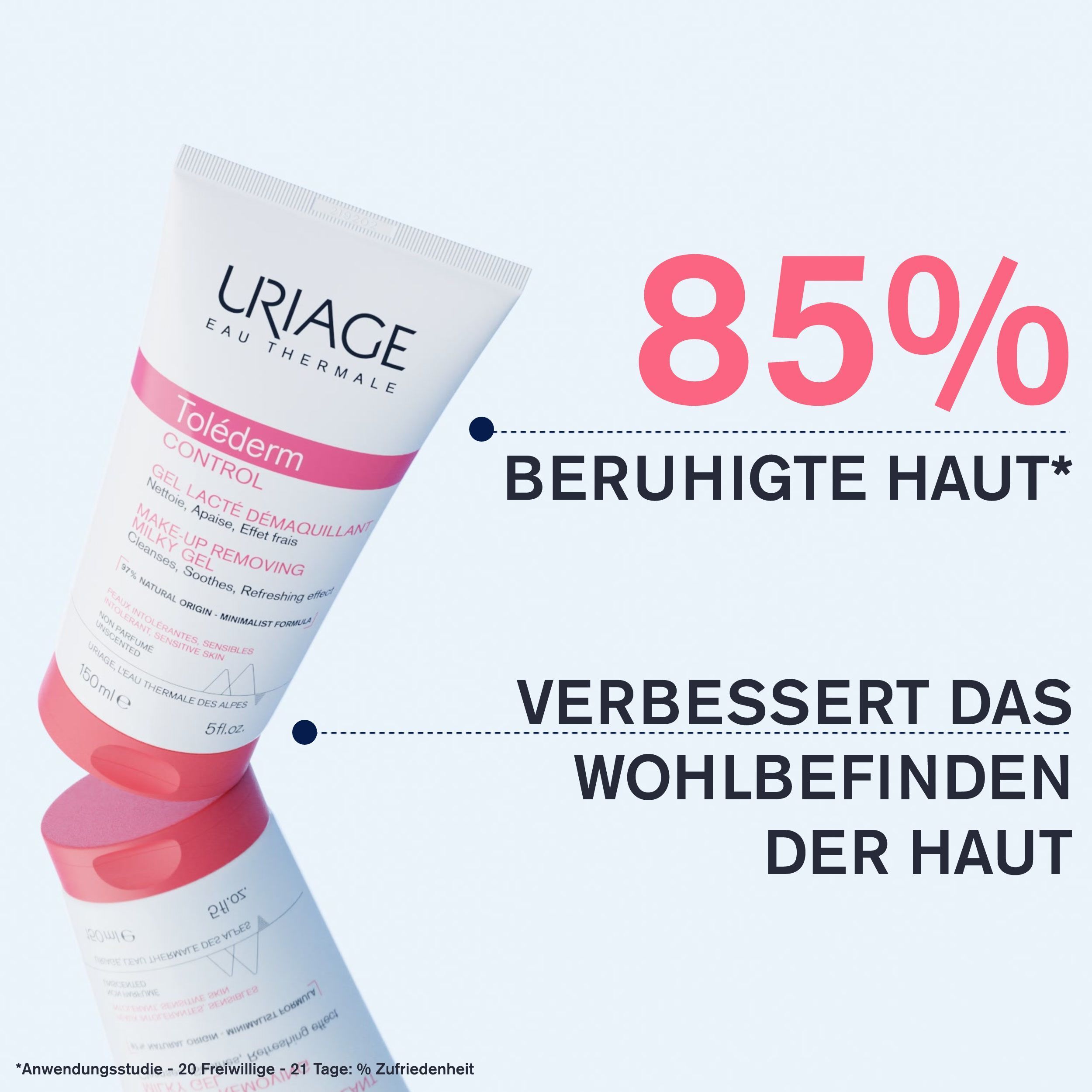 Uriage Tolederm Control Gel-Milch. Text: '85% beruhigte Haut', 'Verbessert das Wohlbefinden der Haut'.