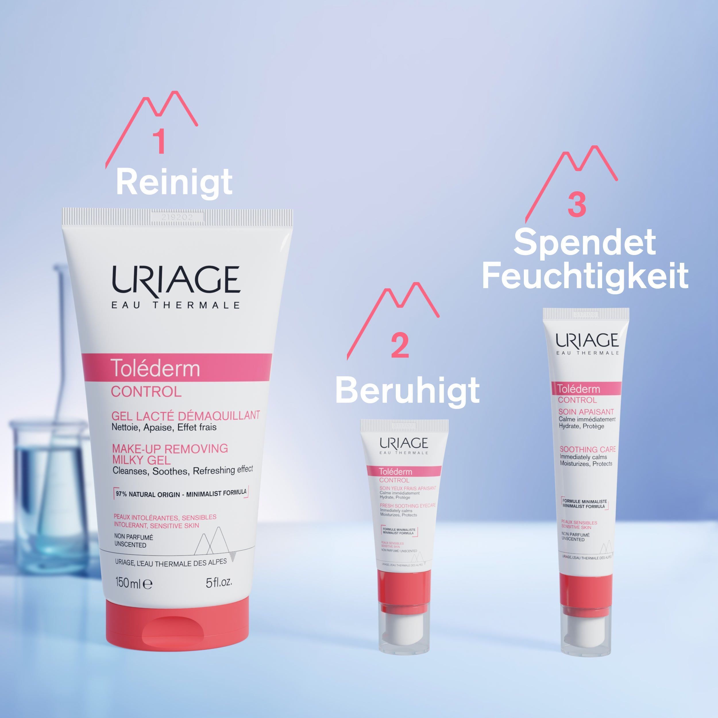 Drei Produkte: Uriage Tolederm Control Gel-Milch, kleine Tube, und Soothing Care. Text: Reinigt, Beruhigt, Spendet Feuchtigkeit.