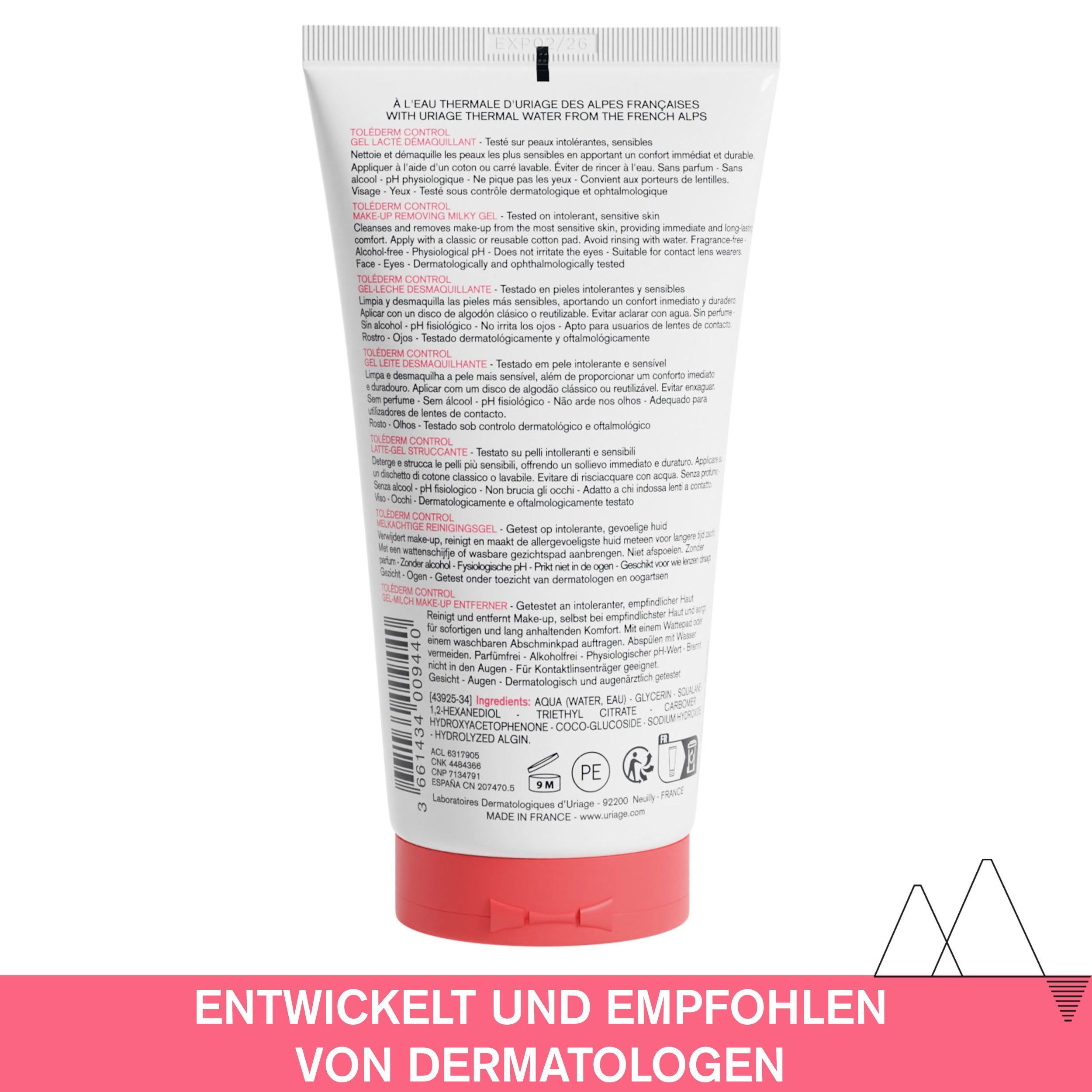 Rückseite der Uriage Tolederm Control Gel-Milch. Text: Inhaltsstoffe, Anwendungshinweise, 'Entwickelt und empfohlen von Dermatologen'.
