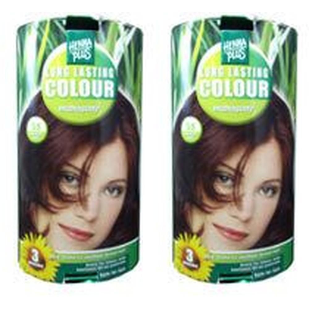 Zwei zylindrische Verpackungen. Auf jeder Verpackung ist ein Frauenporträt abgebildet. Aufschrift: Long Lasting Colour.