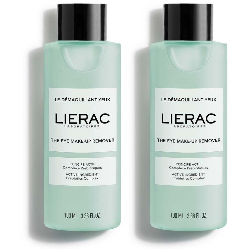 Zwei Flaschen Augen-Make-up-Entferner. Hellgrüne Flüssigkeit, schwarzer Deckel, weißes Etikett mit Text. LIERAC-Logo.