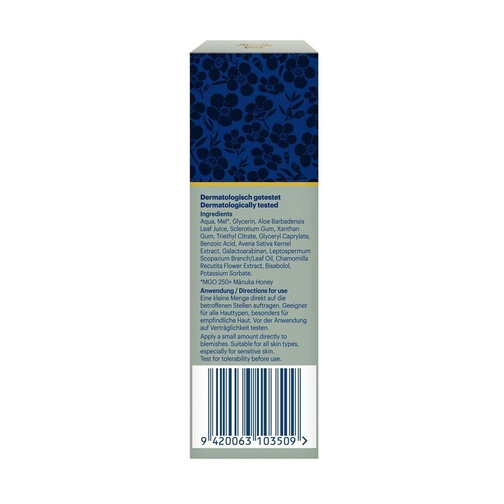 Rückseite der Schachtel. Text: Inhaltsstoffe, Anwendung, dermatologisch getestet, Barcode. Logo und Text: Manuka Health.